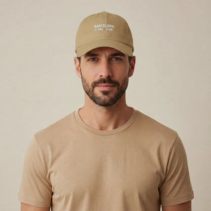TP:HERO Barcelona coordinates embroidered dad cap worn by male model, front studio view
