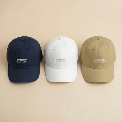 Barcelona coordinates dad cap available colors shown in flat lay