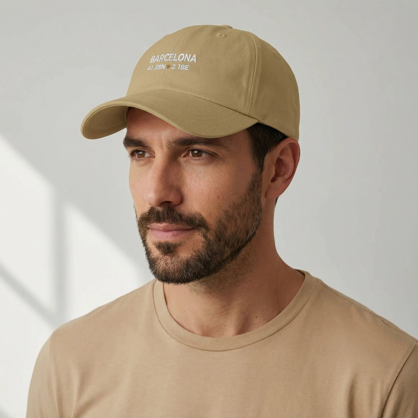 Barcelona coordinates dad cap embroidery detail, three-quarter studio angle