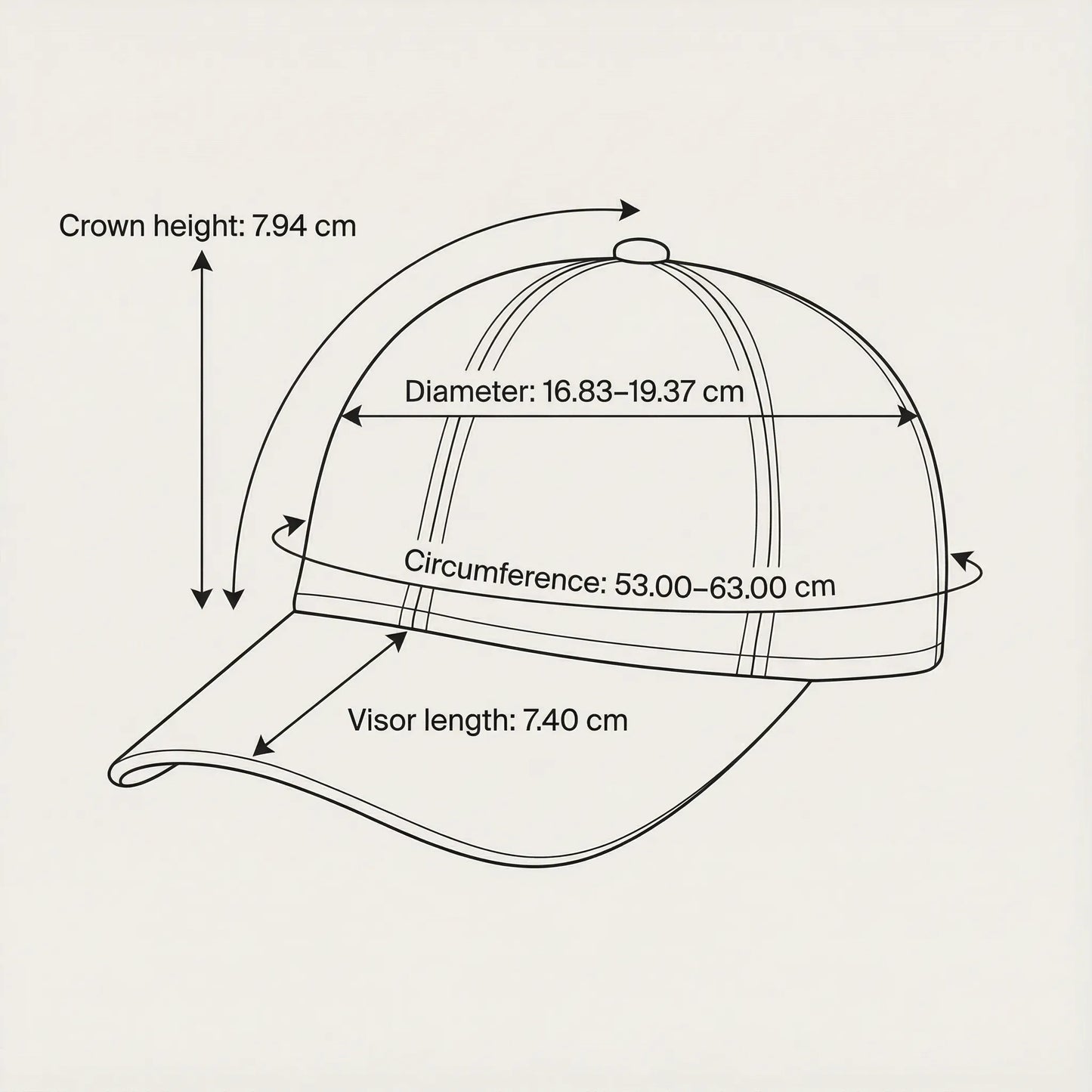 Measurement chart of a cap with labeled dimensions on a beige background