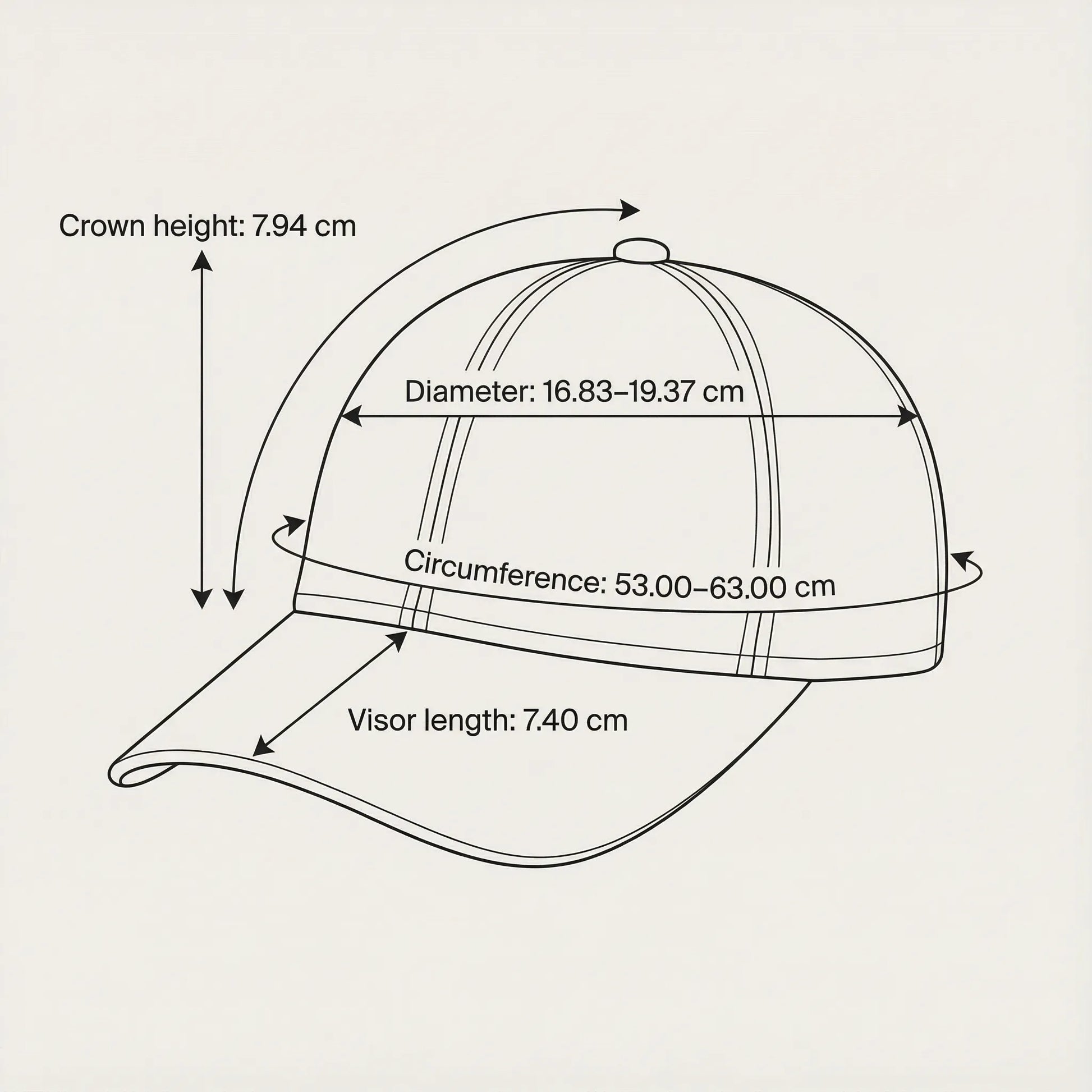 Measurement chart of a cap with labeled dimensions on a beige background