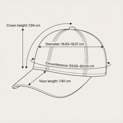 Measurement chart of a cap with labeled dimensions on a beige background