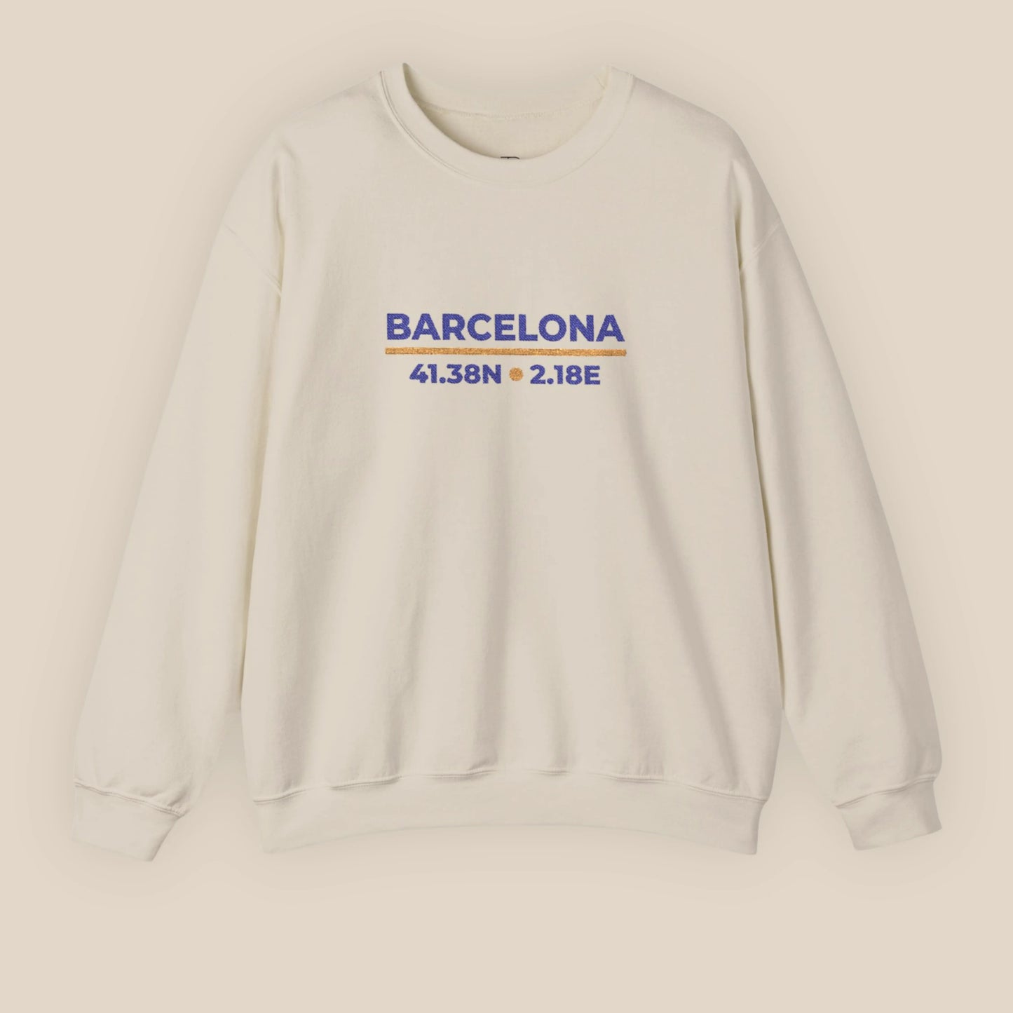 Sand Barcelona coordinates embroidered sweatshirt flat lay, front view