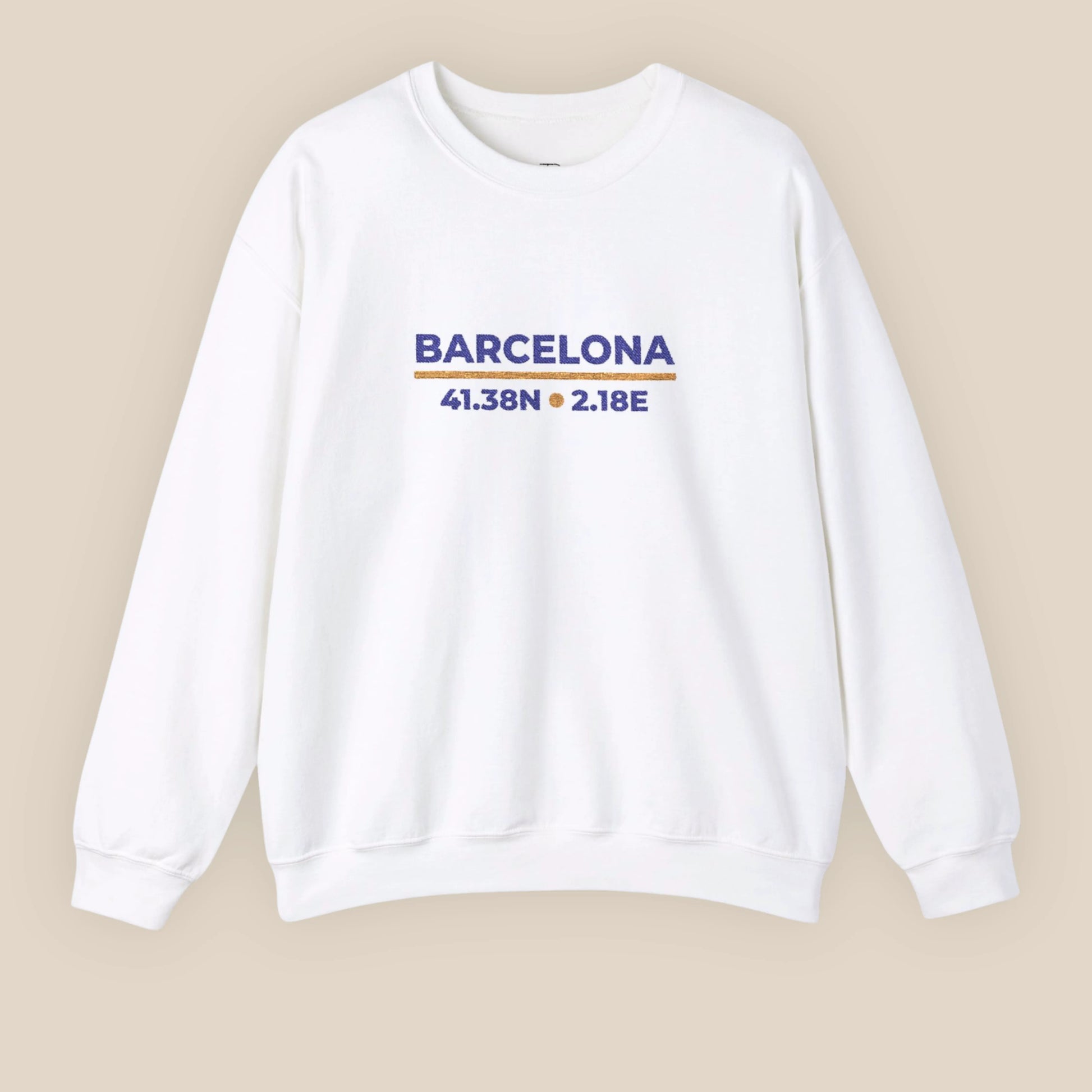 White Barcelona coordinates embroidered sweatshirt flat lay, front view