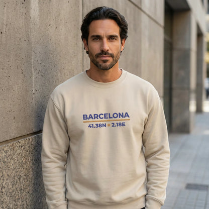 Barcelona coordinates embroidered sweatshirt worn in urban street-style setting