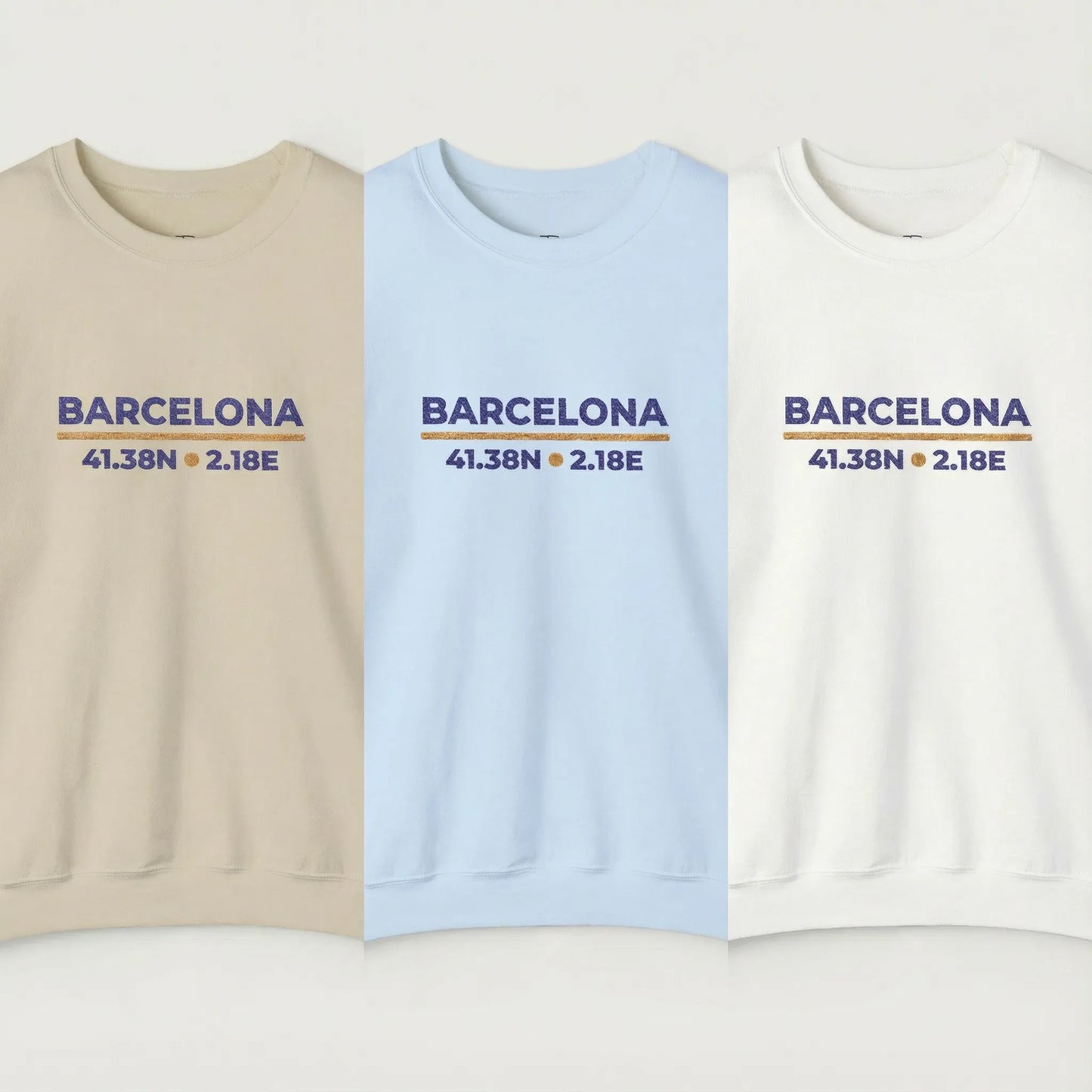 Barcelona coordinates embroidered sweatshirt color lineup showing all available colors