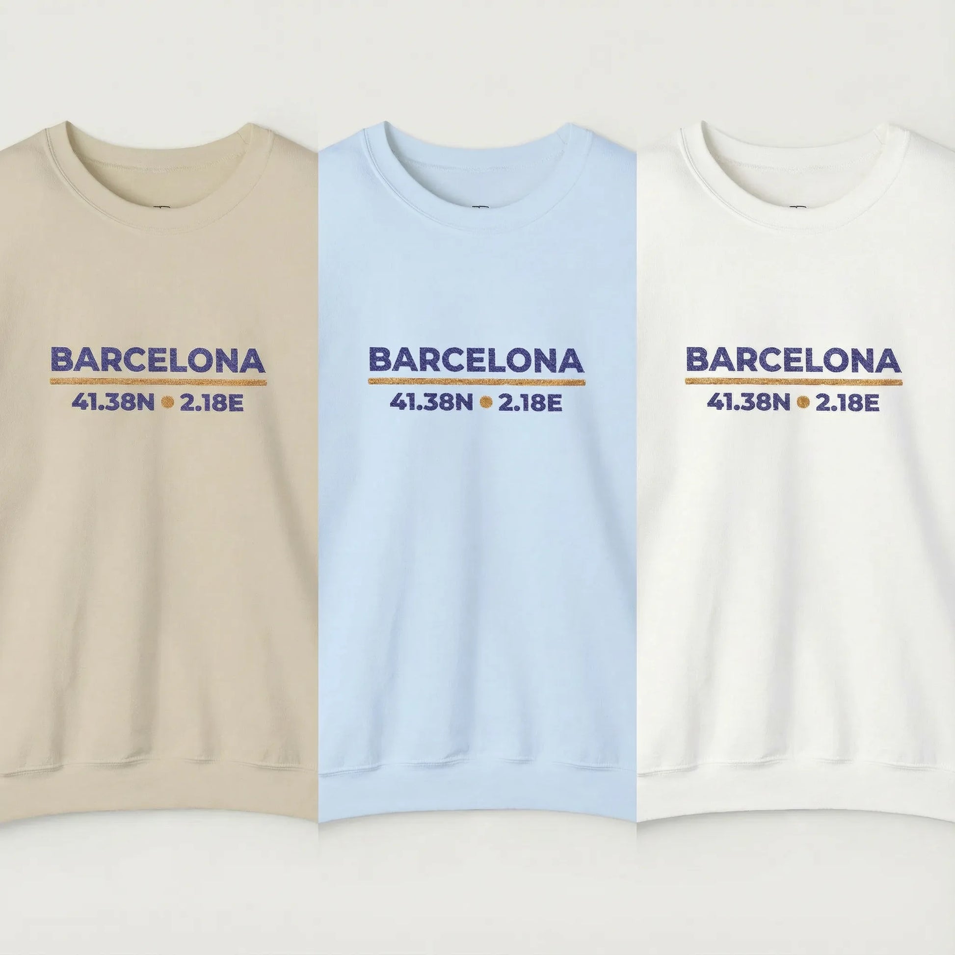 Barcelona coordinates embroidered sweatshirt color lineup showing all available colors