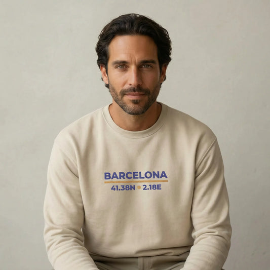 TP:HERO Barcelona coordinates embroidered sweatshirt worn by male model, front view, studio background