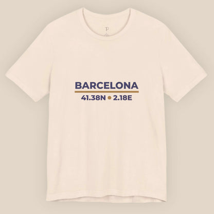 Beige t-shirt with 'Barcelona' and coordinates printed on a light gray background