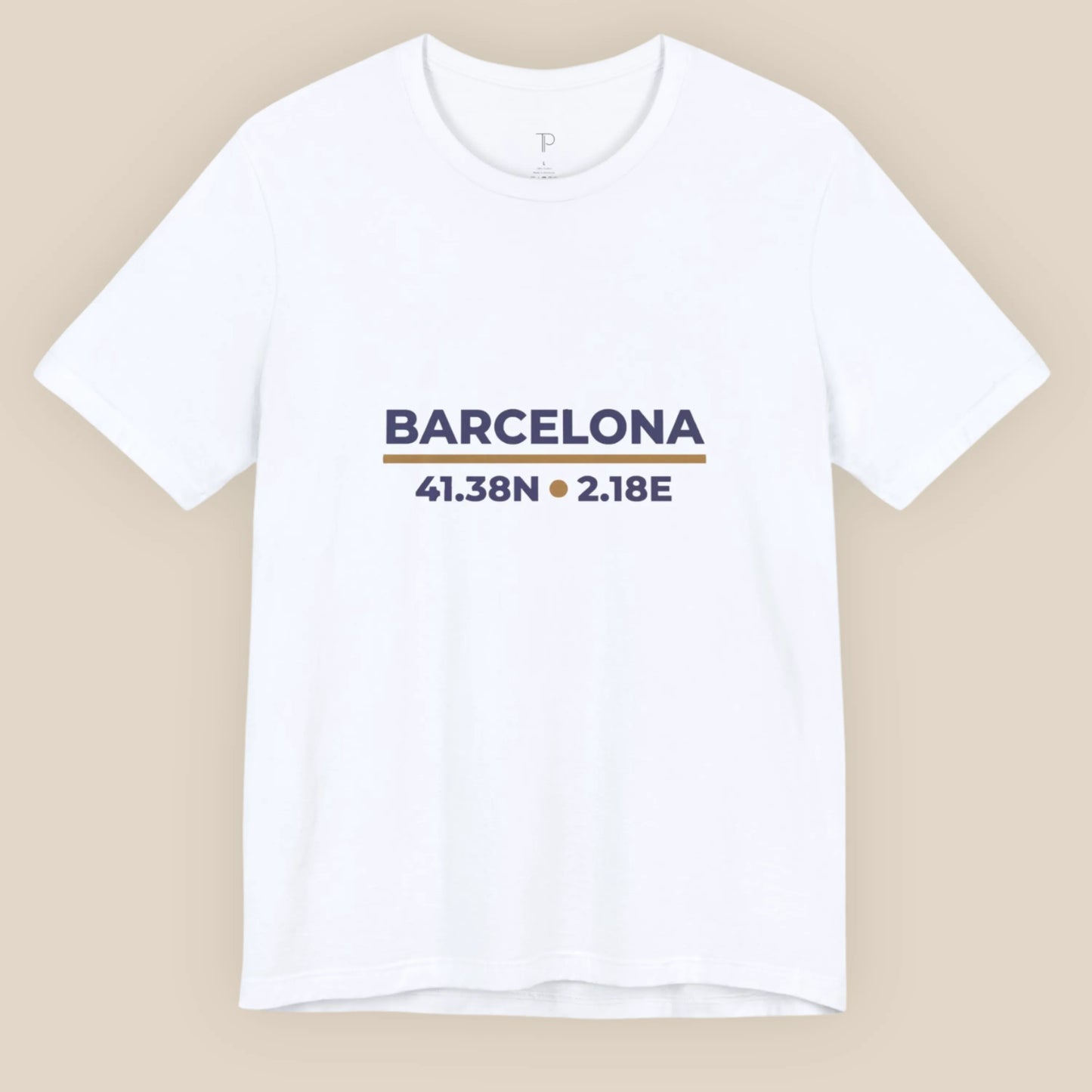 White t-shirt with 'Barcelona' and coordinates printed on a beige background