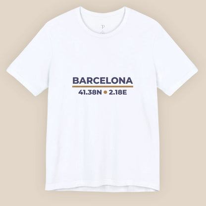 White t-shirt with 'Barcelona' and coordinates printed on a beige background