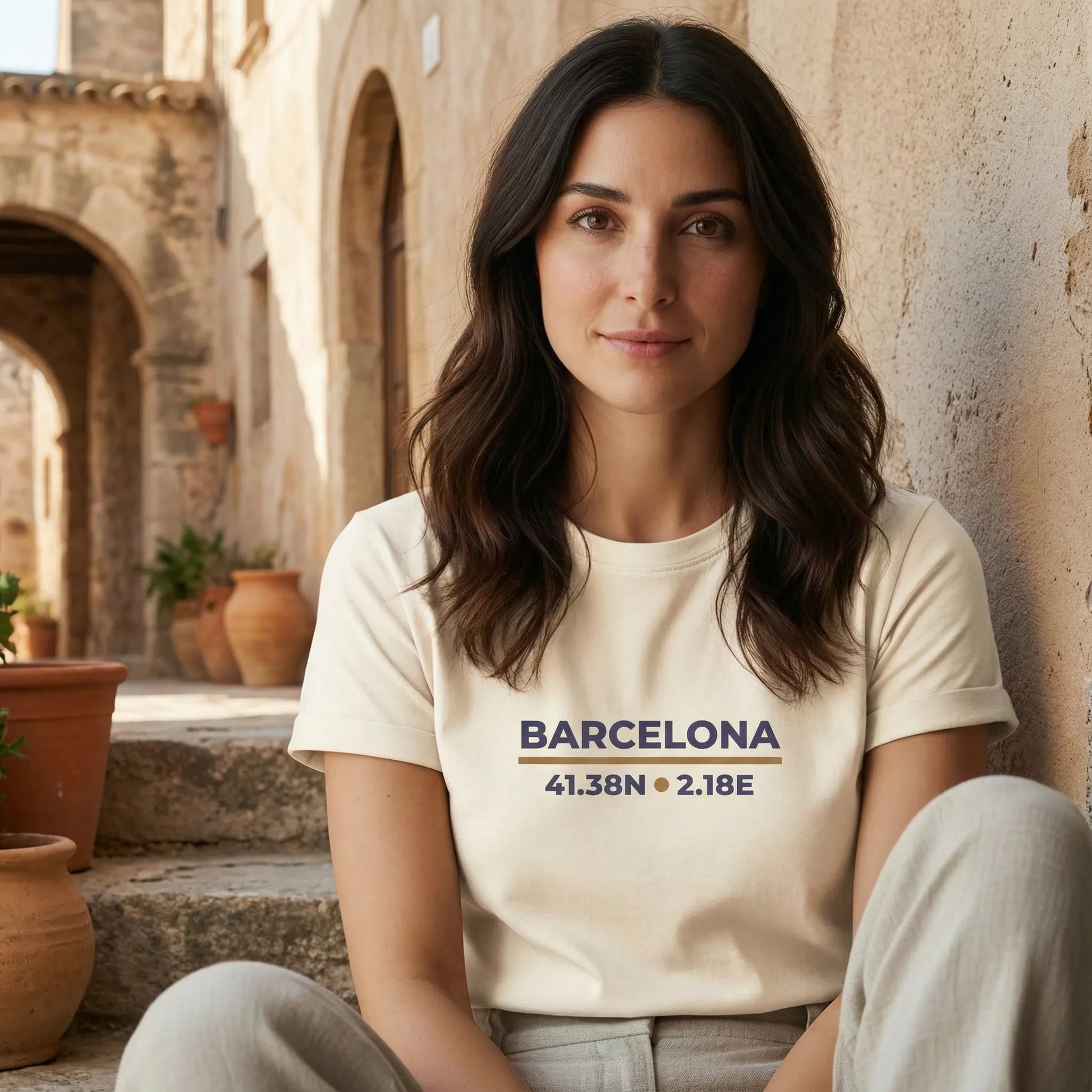 Woman wearing a 'Barcelona' t-shirt with coordinates, sitting outdoors.