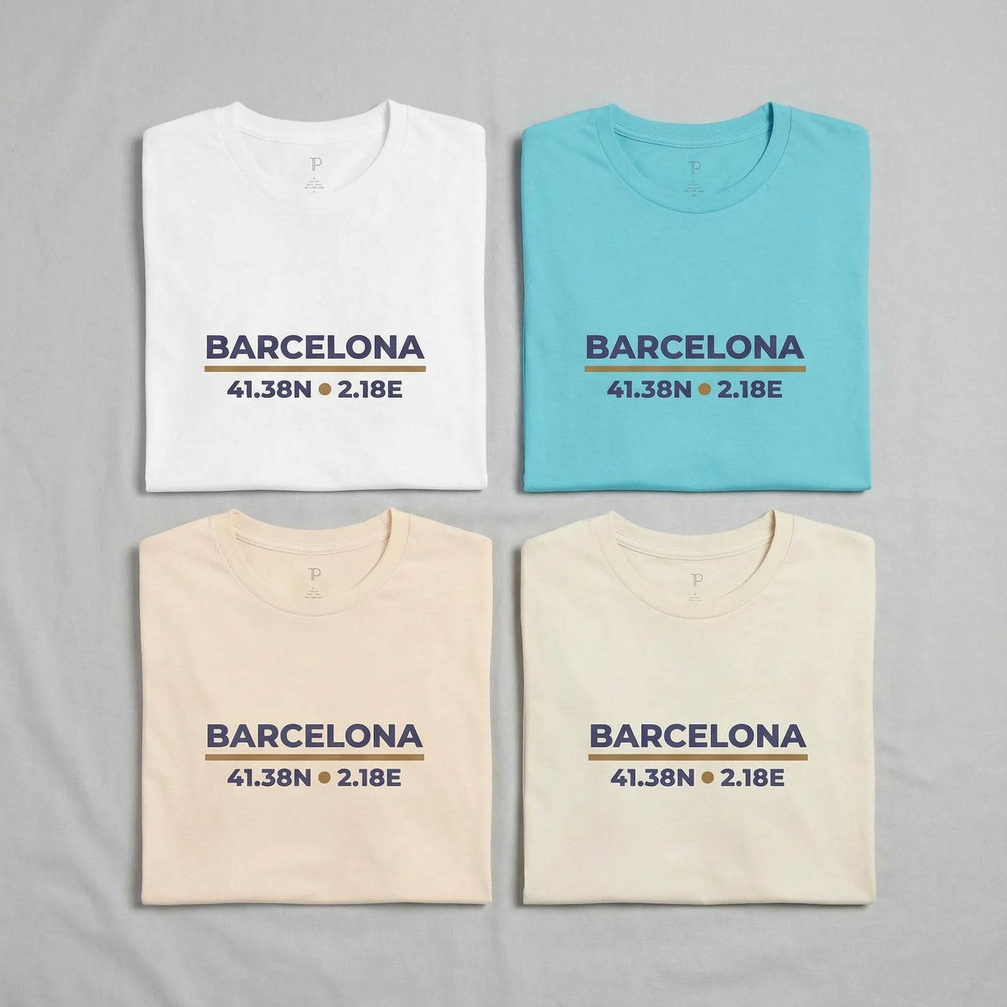 Four t-shirts with 'Barcelona' coordinates on a gray background