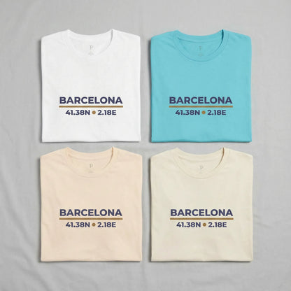 Four t-shirts with 'Barcelona' coordinates on a gray background
