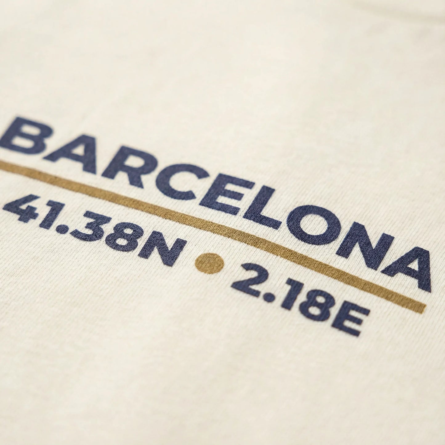 Text displaying 'BARCELONA 41.38N 2.18E' on a beige background