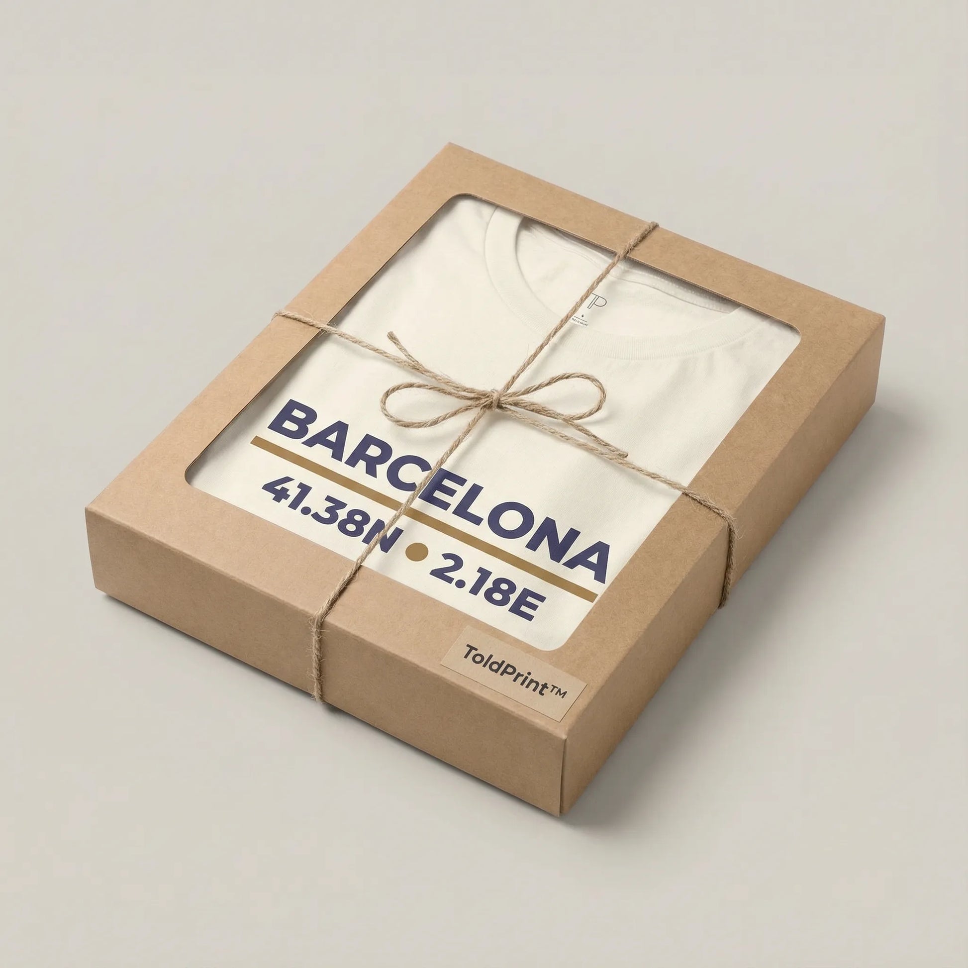 Product packaging with 'Barcelona' coordinates on a neutral background