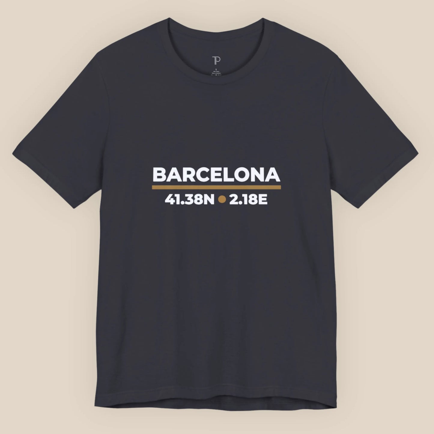 Black t-shirt with 'Barcelona' and coordinates on a beige background