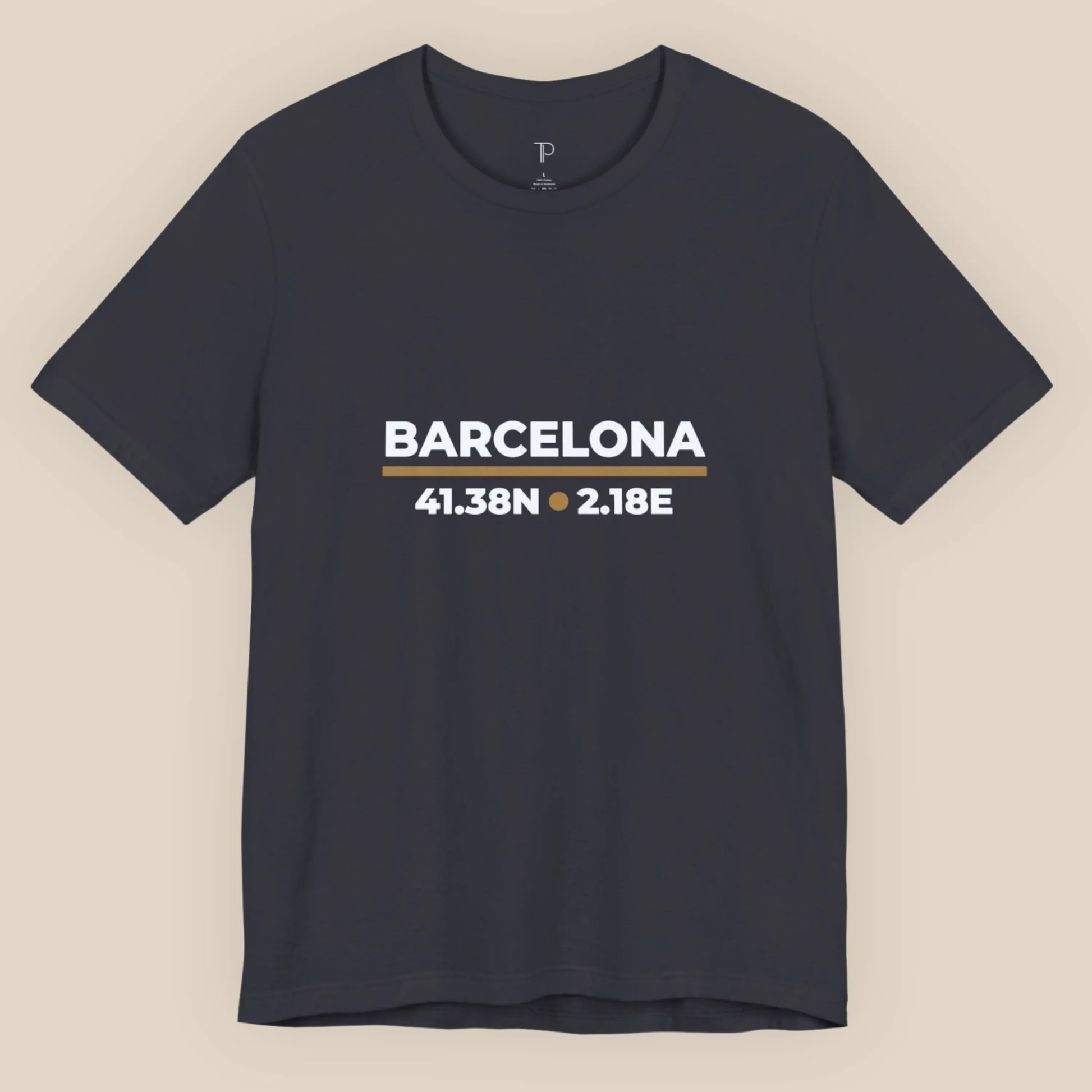 Black t-shirt with 'Barcelona' and coordinates on a beige background