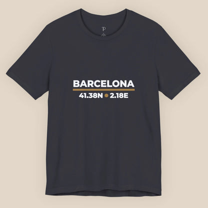 Black t-shirt with 'Barcelona' and coordinates on a beige background