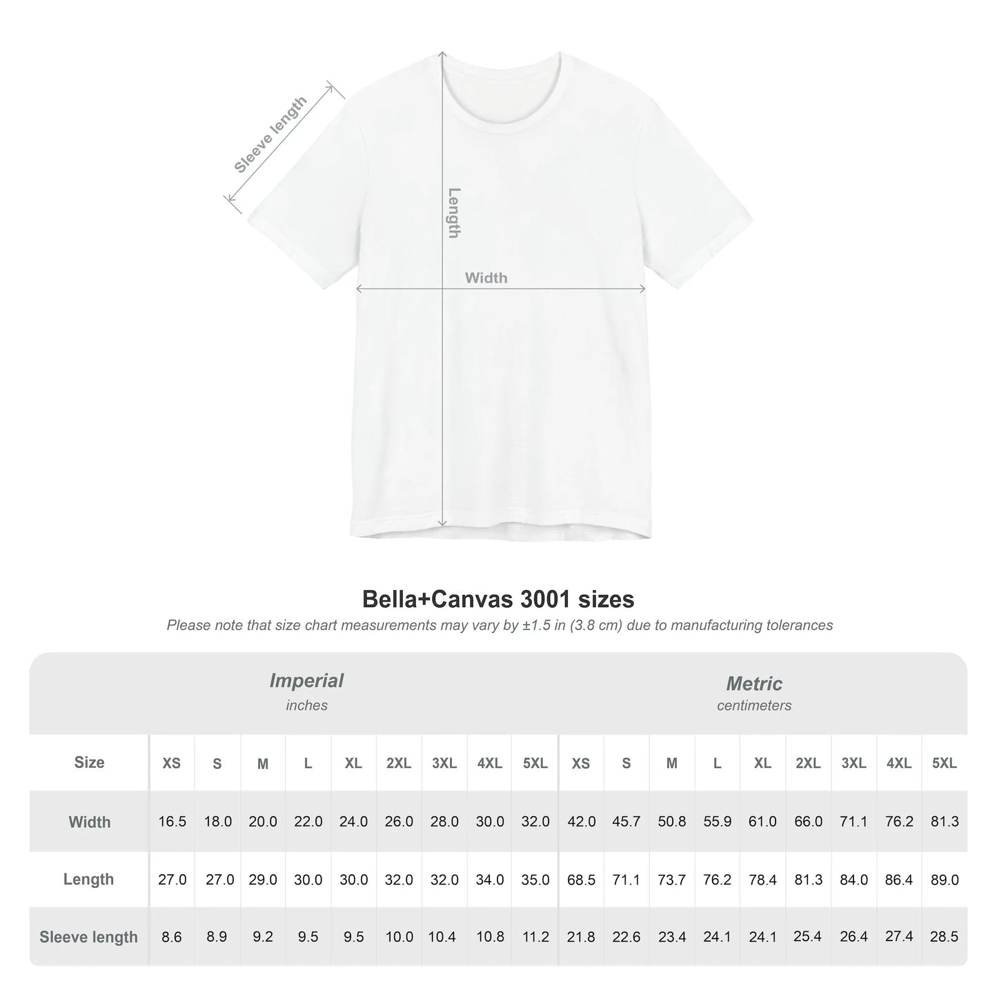 White t-shirt with measurement chart on a white background
