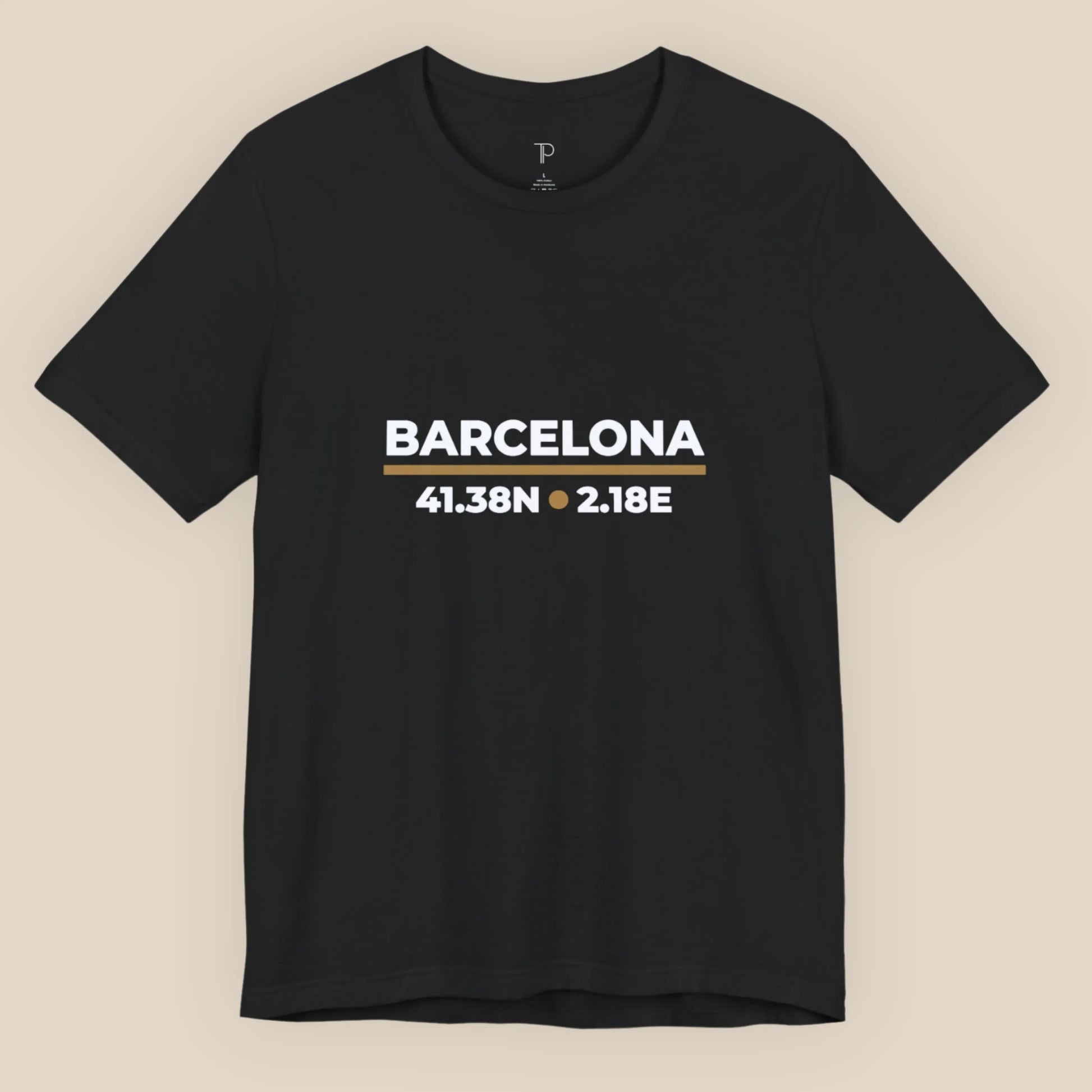 Black t-shirt with 'Barcelona' and coordinates on a beige background