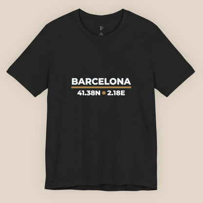 Black t-shirt with 'Barcelona' and coordinates on a beige background