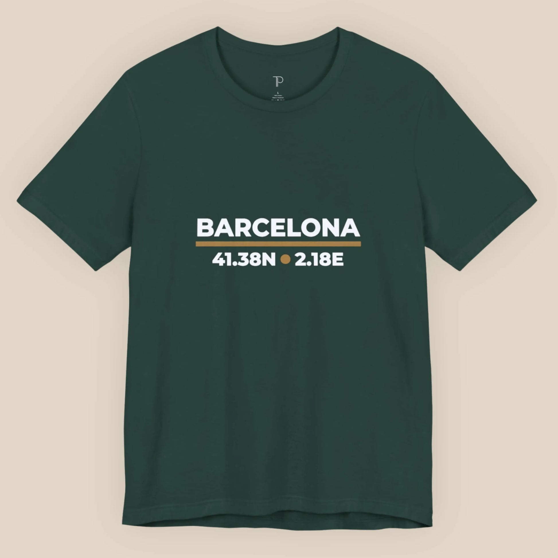 Green t-shirt with 'Barcelona' and coordinates on a beige background
