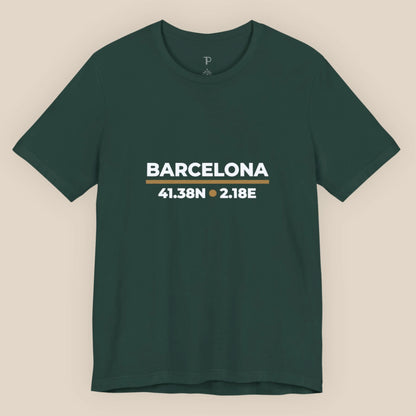 Green t-shirt with 'Barcelona' and coordinates on a beige background