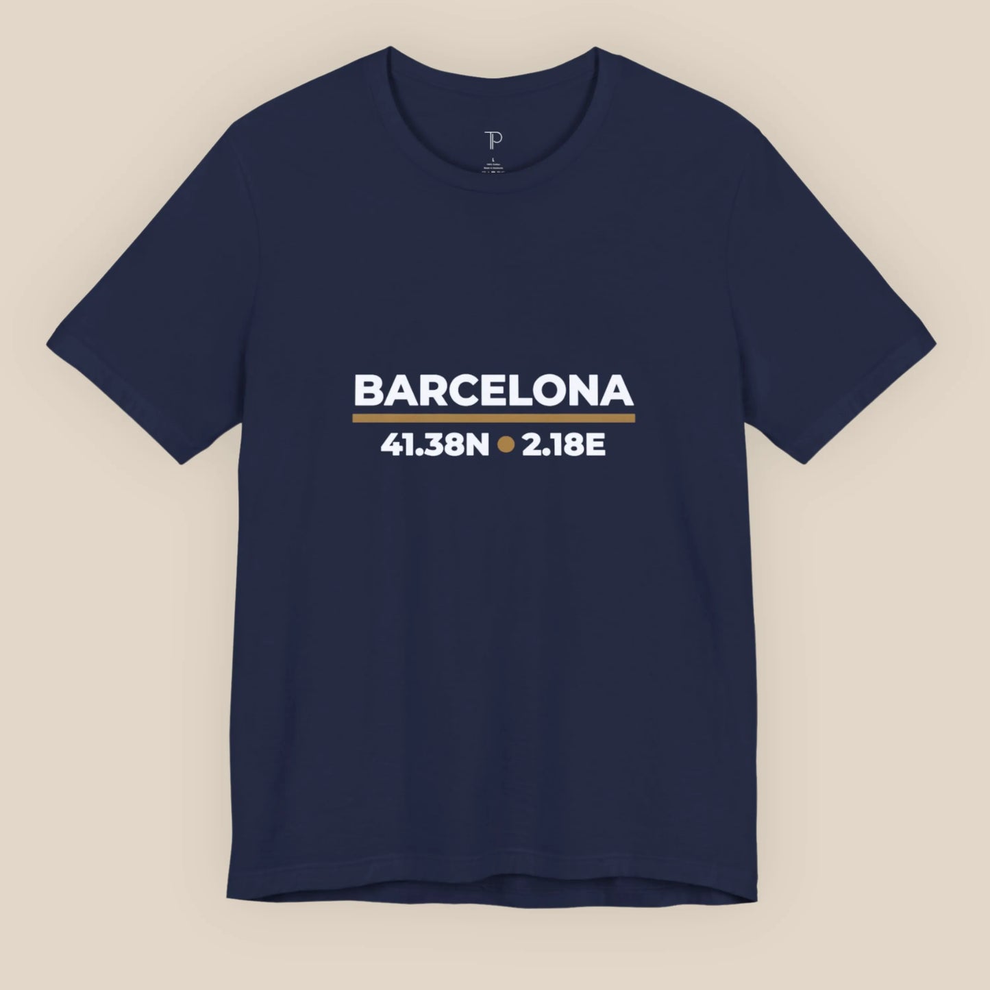 Navy blue t-shirt with 'Barcelona' and coordinates on a beige background