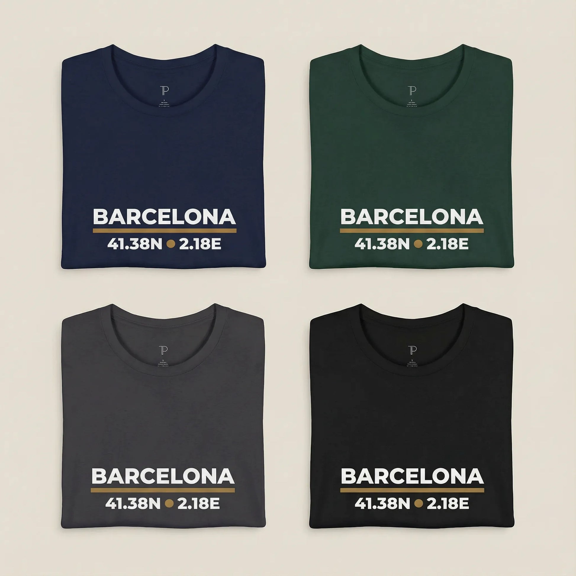 Four folded shirts with 'Barcelona' coordinates printed on a beige background