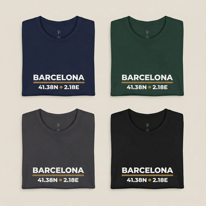 Four folded shirts with 'Barcelona' coordinates printed on a beige background