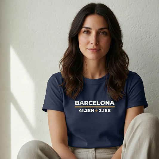 TP:HERO Woman wearing a navy blue t-shirt with 'Barcelona' and coordinates printed on it, sitting against a white wall.