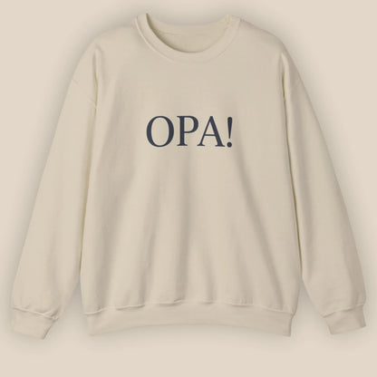 Flat lay of sand Celebratory OPA crewneck sweatshirt with minimal OPA typography on front