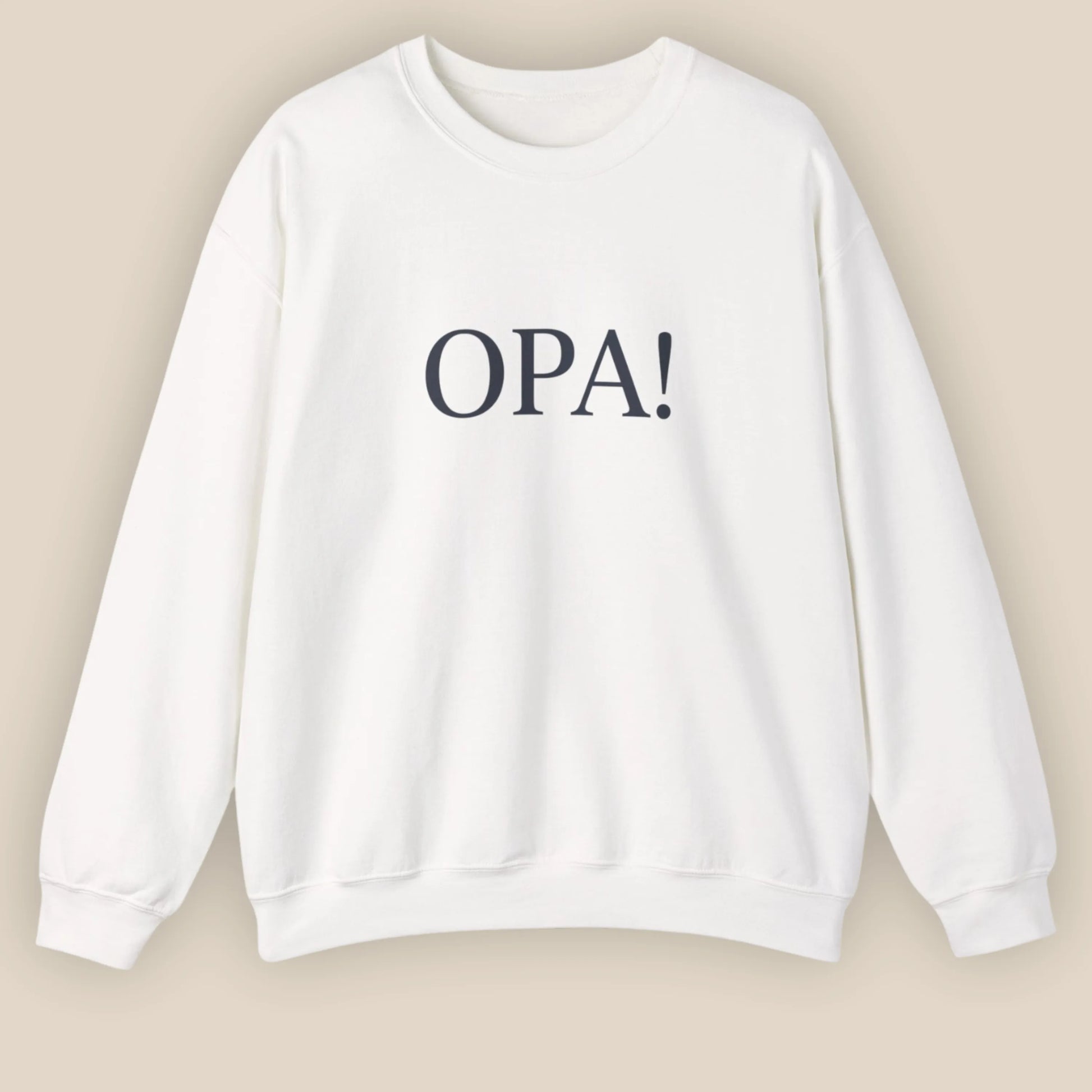 Flat lay of white Celebratory OPA crewneck sweatshirt with minimal OPA typography on front