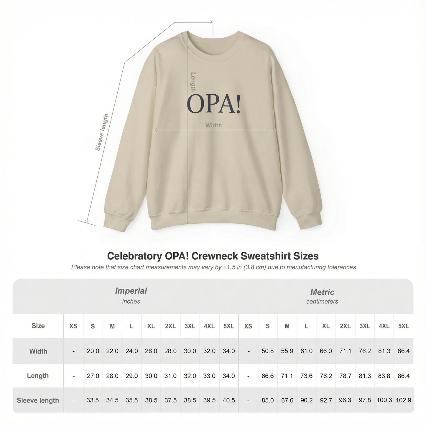 Size chart of OPA Greek typography DTG print sweatshirt