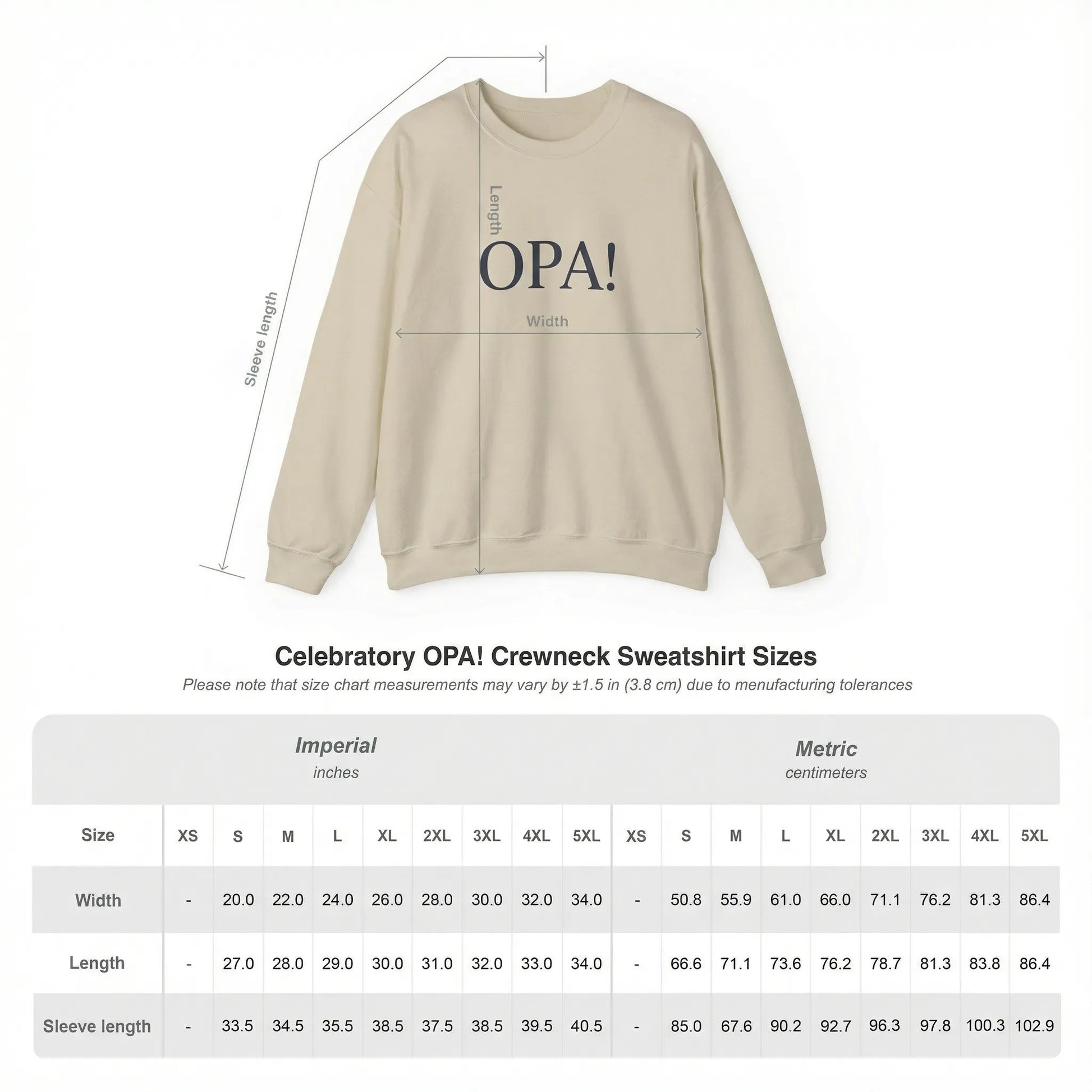 Size chart of OPA Greek typography DTG print sweatshirt