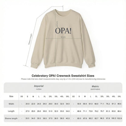 Size chart of OPA Greek typography DTG print sweatshirt