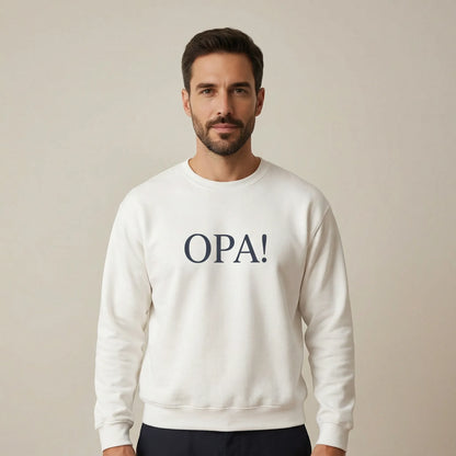 Front view of white Celebratory OPA Greek typography crewneck sweatshirt on unisex model