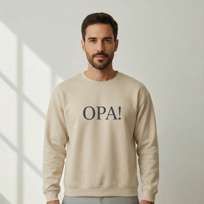 TP:HERO Unisex model wearing sand Celebratory OPA crewneck sweatshirt with Greek typography front print