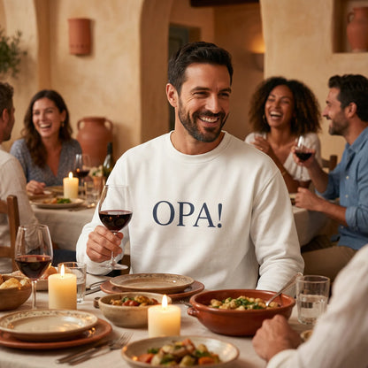 Celebratory OPA crewneck sweatshirt in sand worn at a cozy Mediterranean-style dinner gathering