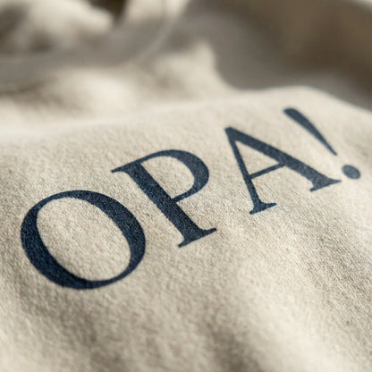 Close-up of OPA Greek typography DTG print on fleece crewneck sweatshirt