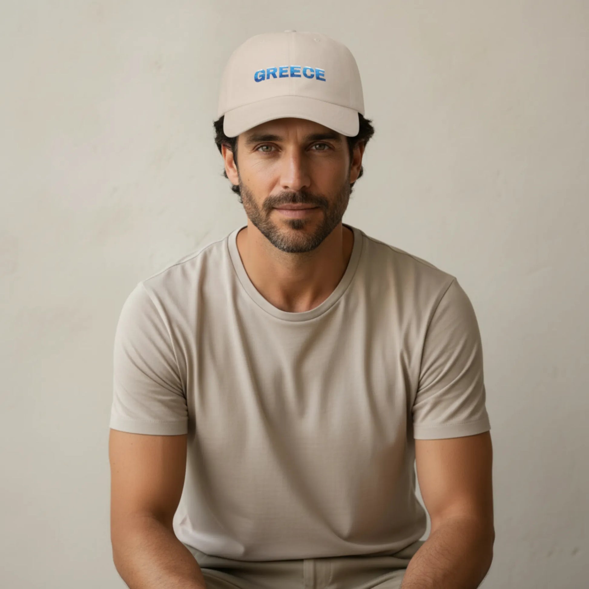 TP:HERO Unisex model wearing sand Greece Classic embroidered cotton dad cap with Greece text on front