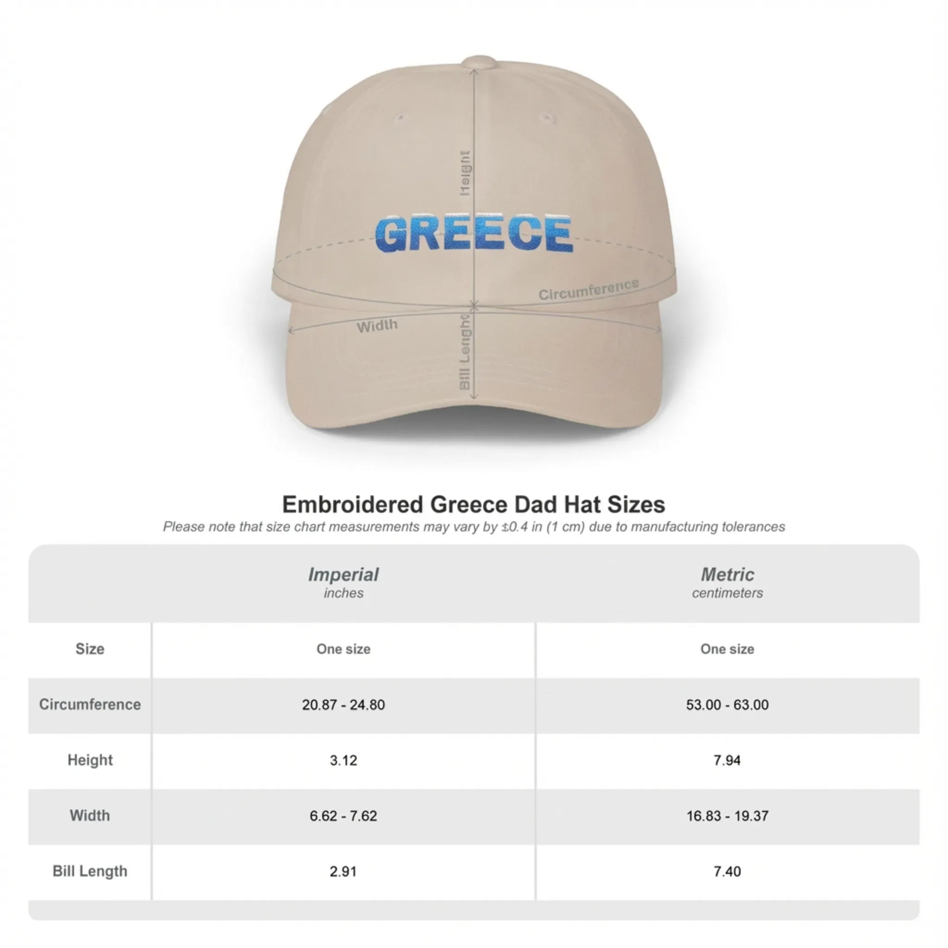 Flat lay of sand Greece Classic embroidered cotton dad cap showing Sizes