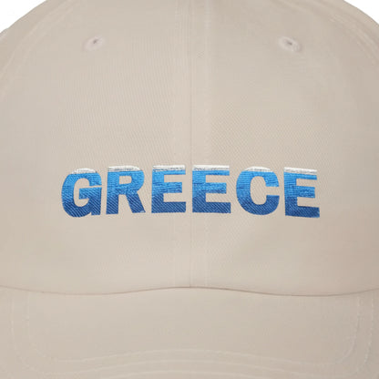 Close-up of Greece embroidery on sand cotton dad cap showing thread detail