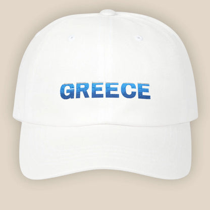 Flat lay of white Greece Classic embroidered cotton dad cap showing Greece text on front panel