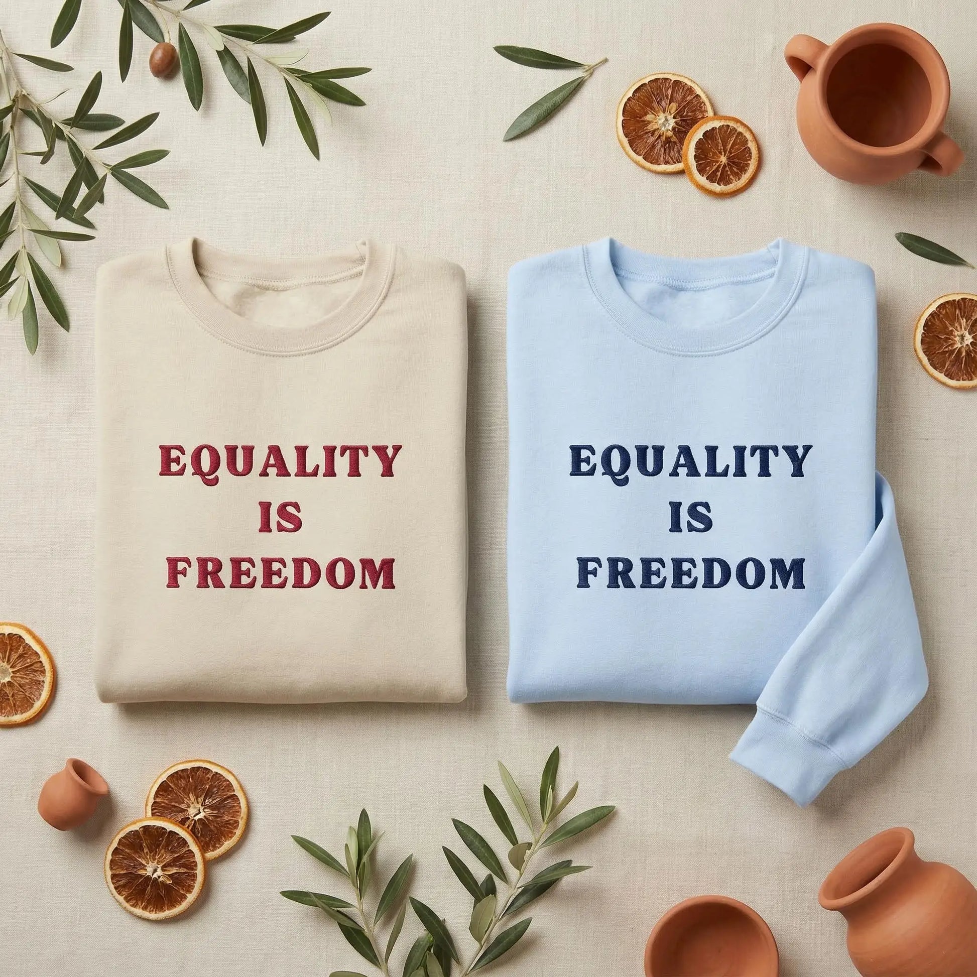 Sand and Light Blue sweatshirts with Equality Is Freedom slogan