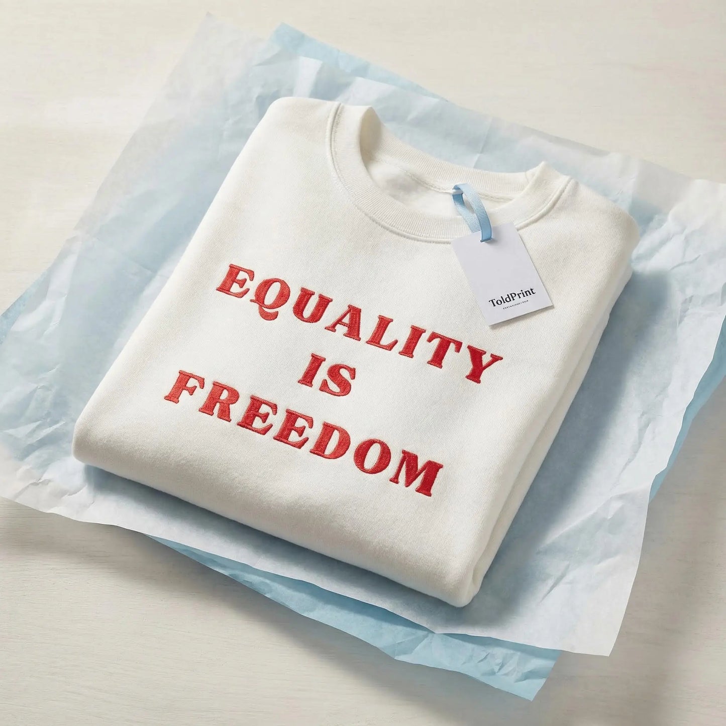 Folded Equality Is Freedom embroidered sweatshirt with minimal packaging