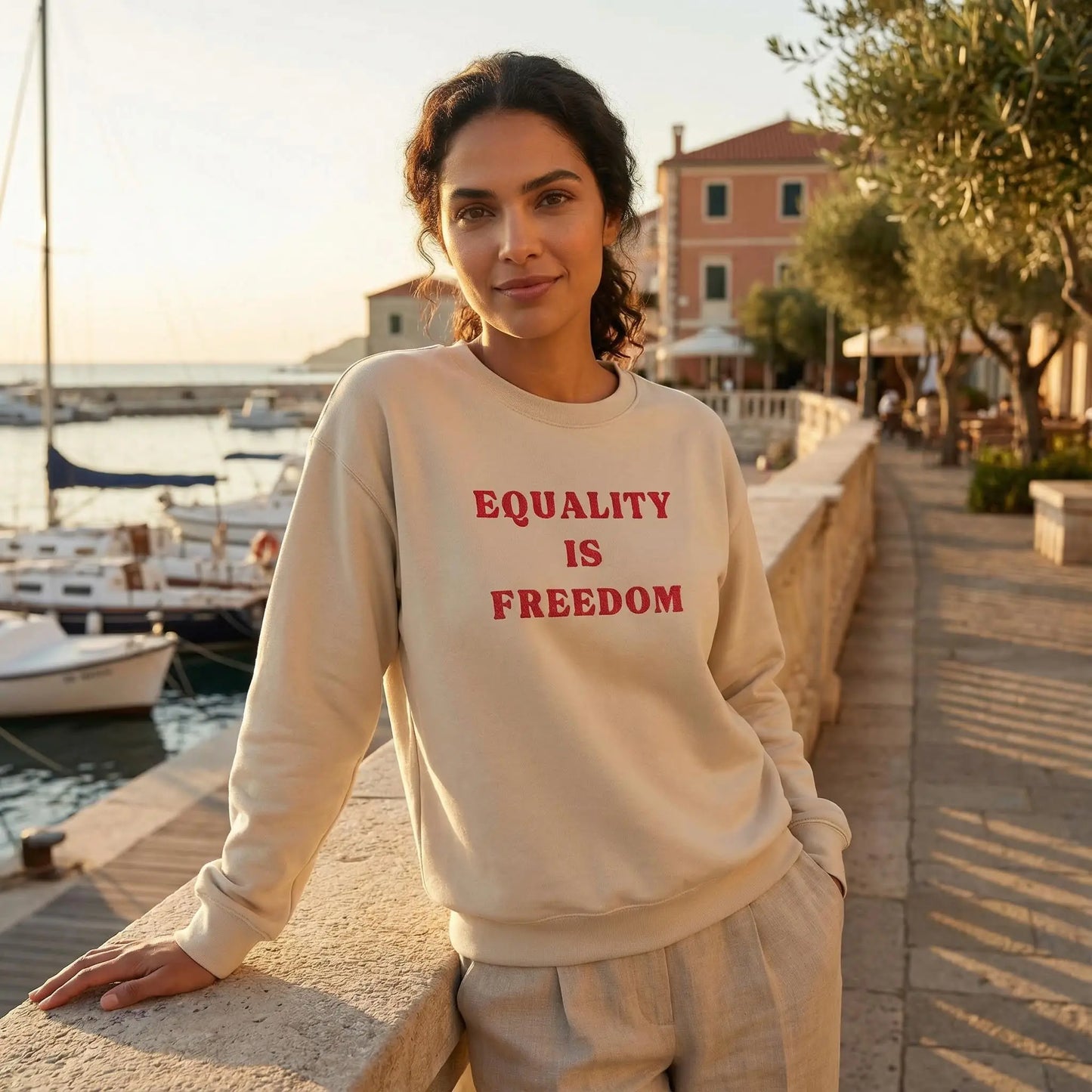 Model wearing Equality Is Freedom sweatshirt by a Mediterranean harbor