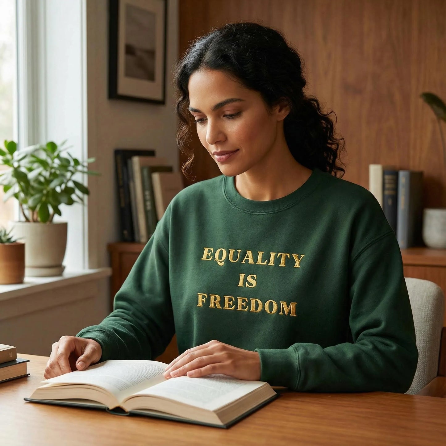 Forest Green Equality Is Freedom sweatshirt in a calm indoor scene
