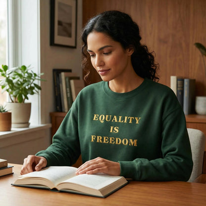 Forest Green Equality Is Freedom sweatshirt in a calm indoor scene